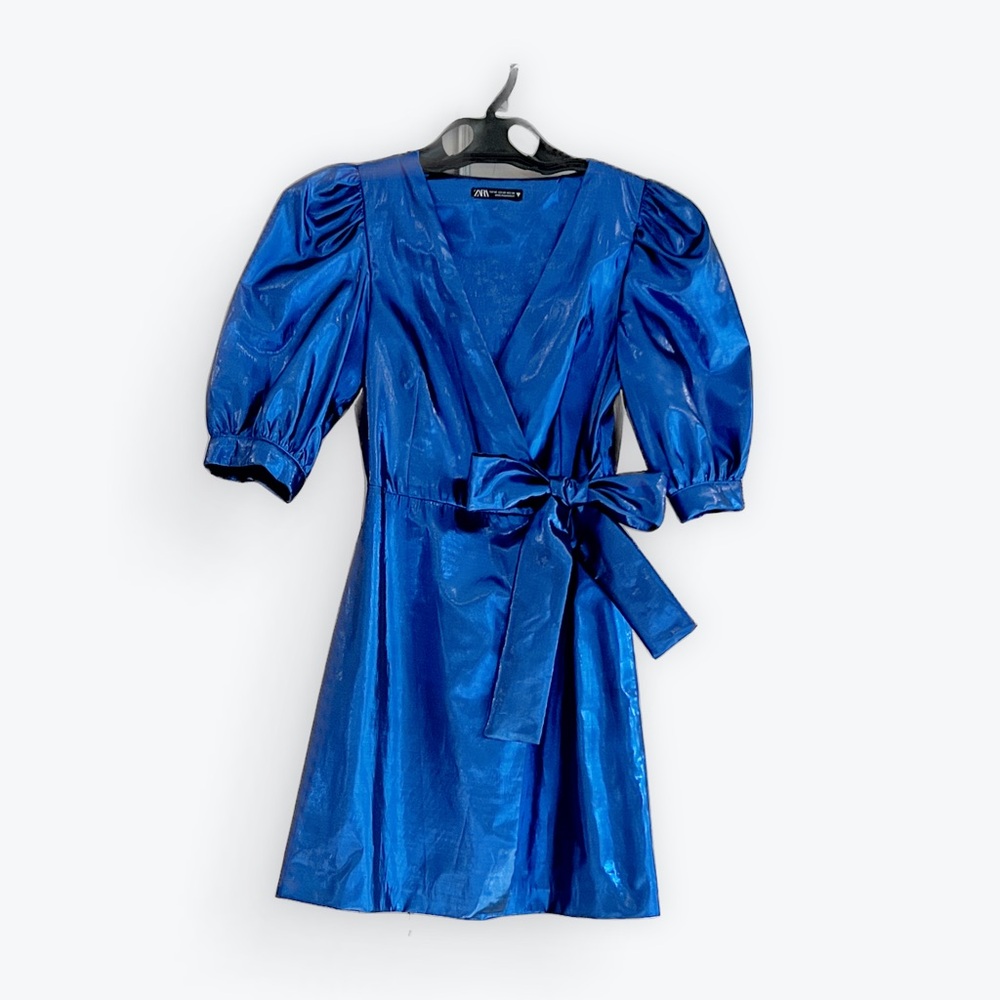 Zara XS Metallic Blue Puff Sleeve Wrap Dress